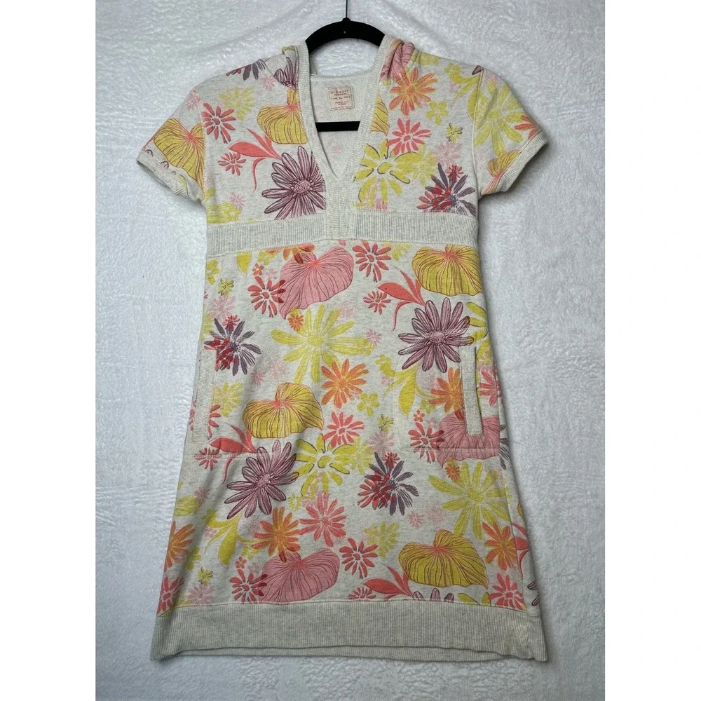 Old Navy Floral Hooded Dress Girls XL Cream Pink Yellow Y2K Short Sleeve Pocket
